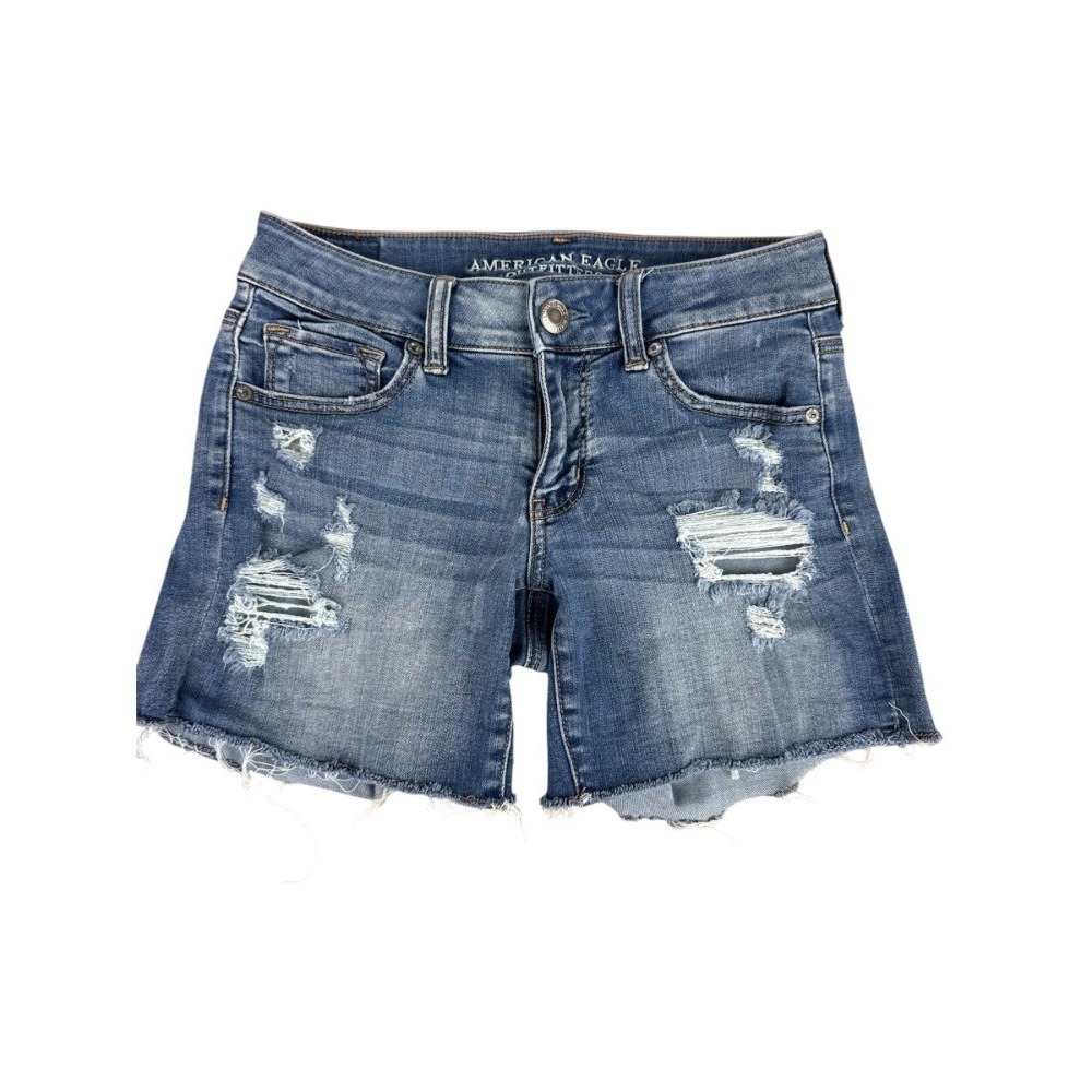 American Eagle Super Super Stretch Midi Denim Shorts Women's 4 Distressed 5"